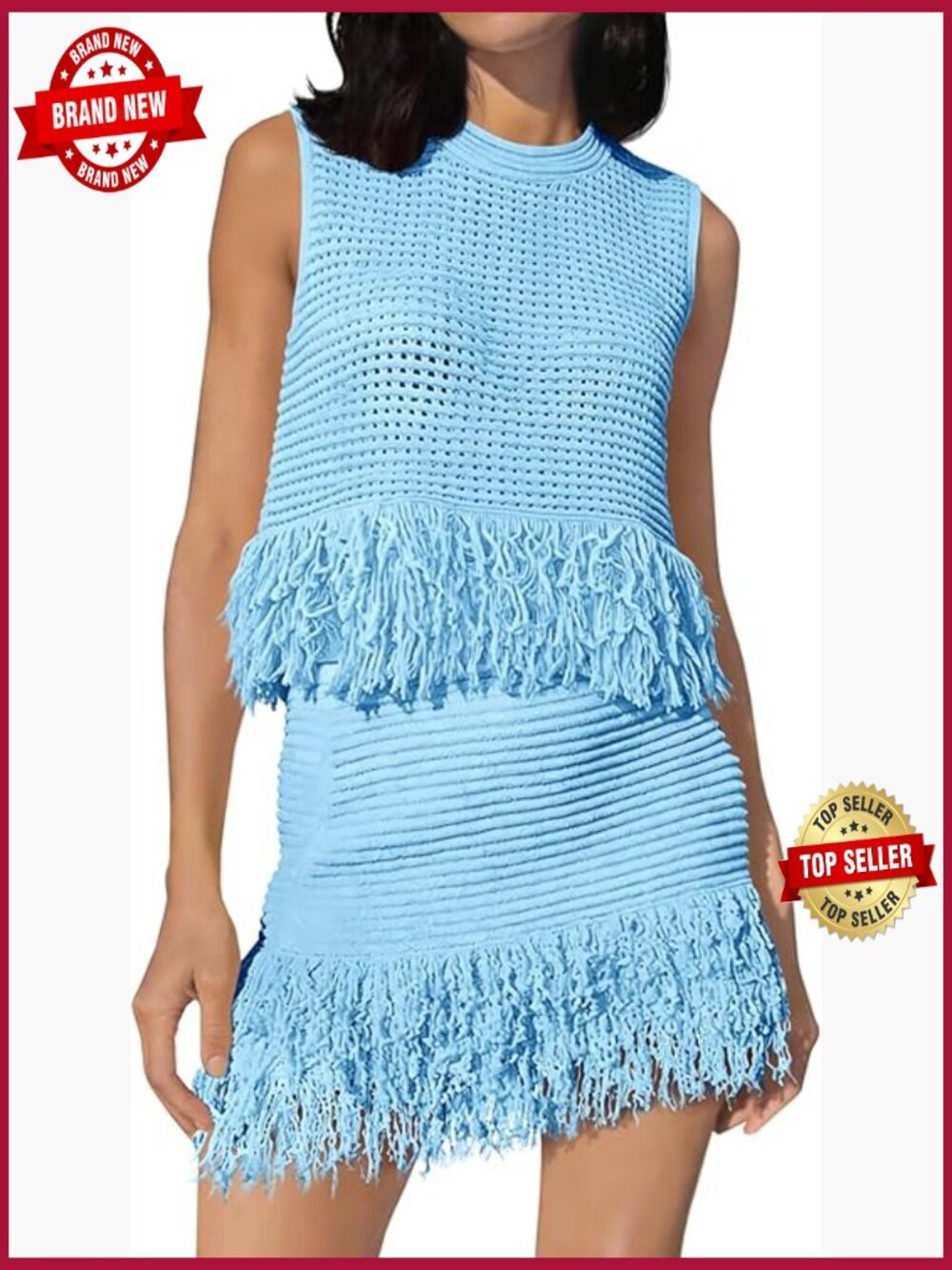 2 Piece Crochet Outfit Sleeveless Knit Top Fringe Skirt Set Beach Cover Up